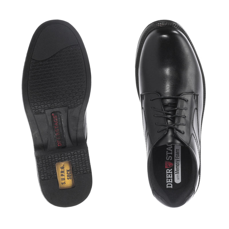 Men's black leather oxford shoe bottom and heel view, textured traction sole