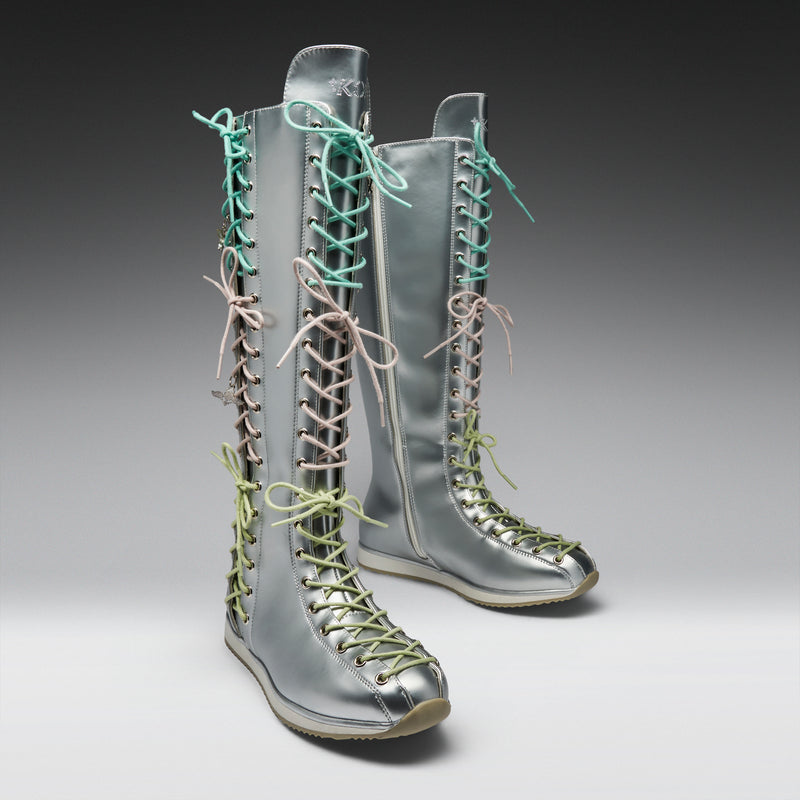 Numinous Lace Up Charm Long Boots -Silver