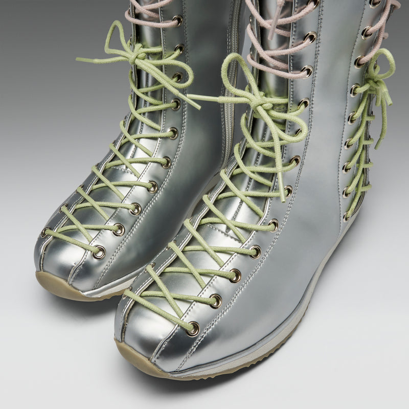 Numinous Lace Up Charm Long Boots -Silver