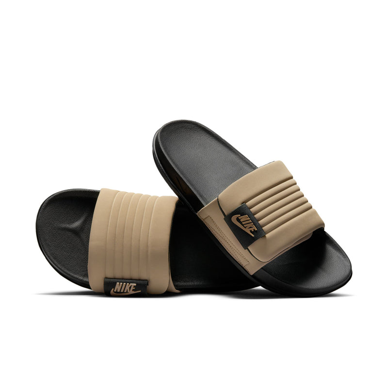 Men's slide sandals, tan ribbed straps over black footbeds with Nike branding