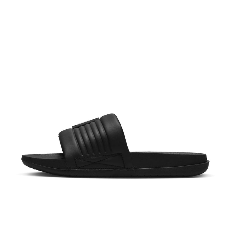 Women’s black adjustable slide sandals with ridged strap and white Nike logo