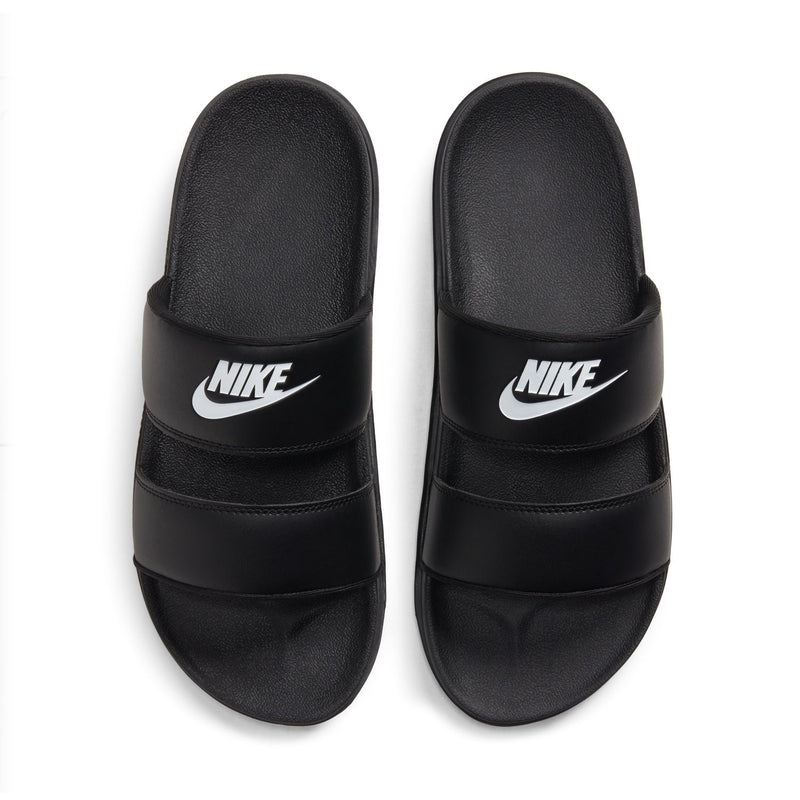 Women's black Nike slide sandals with two straps and white Swoosh logos