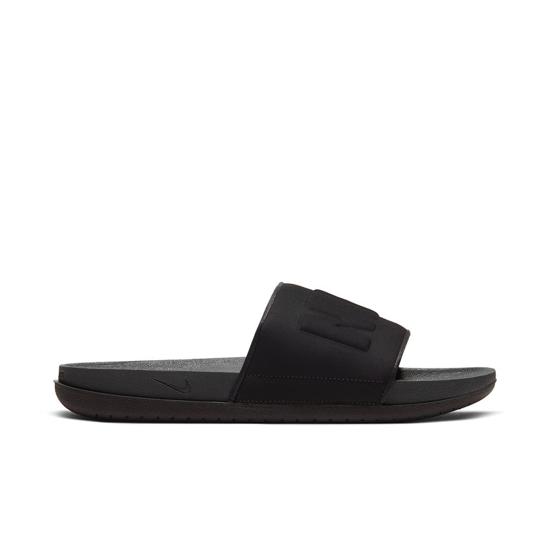 Men's slide sandals, black upper and footbed with molded strap and logo details