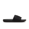 Men's slide sandals, black upper and footbed with molded strap and logo details