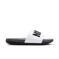Men's slide sandals, dark grey sole, white strap with Nike logo, dark footbed