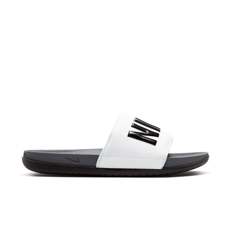 Men's slide sandals, dark grey sole, white strap with Nike logo, dark footbed
