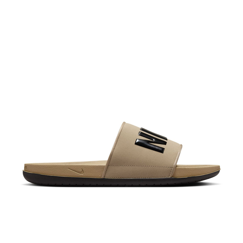 Men's khaki slide sandals with wide strap and black logo on footbed