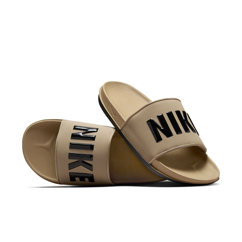 Men's khaki Nike slide sandals with black NIKE lettering on the straps