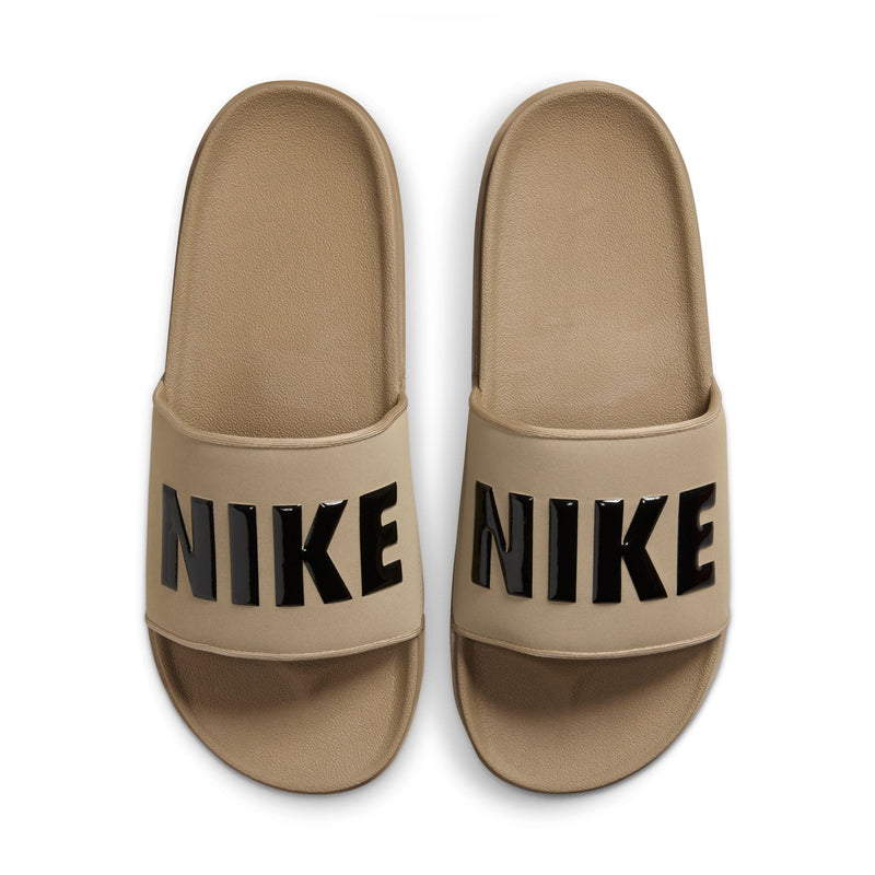 Pair of men's khaki Nike slide sandals with black NIKE text on front straps