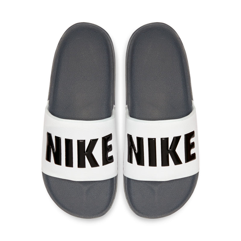 Men's slide sandals, dark grey interior, white strap with bold Nike lettering