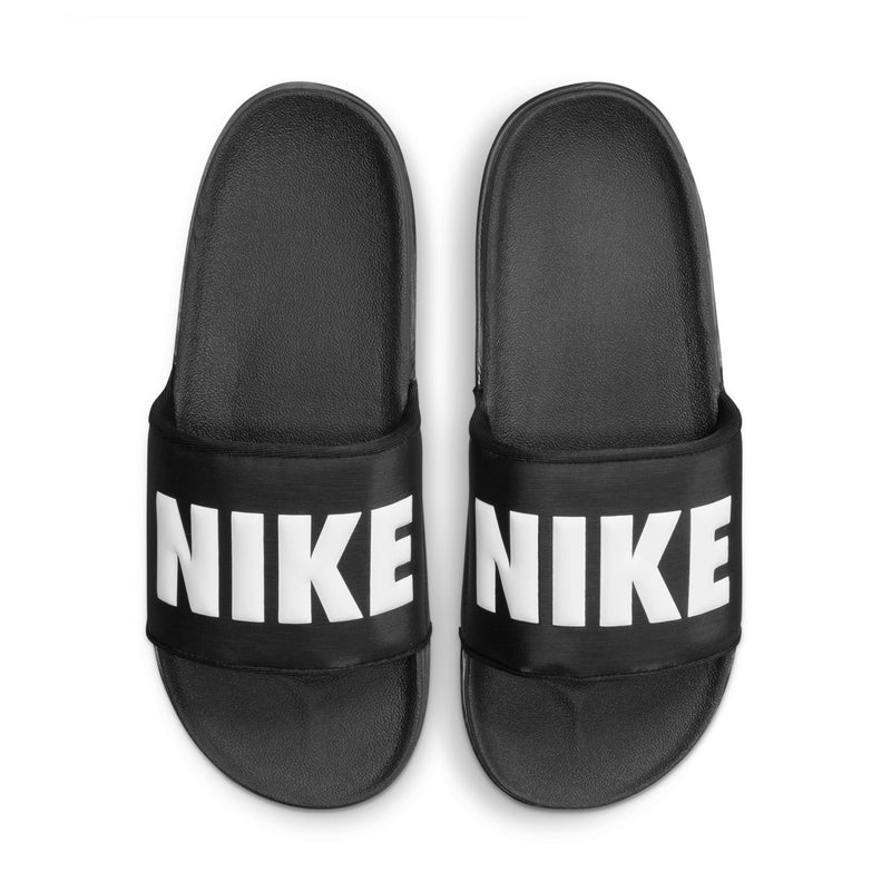 Pair of men's black slide sandals with white Nike lettering