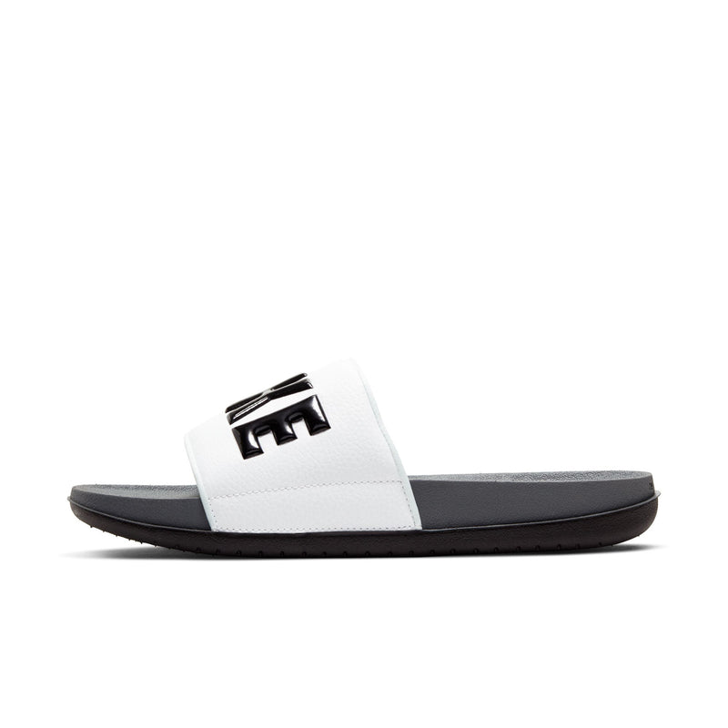 Men's slide sandals, white strap with Nike emblem, dark grey sole