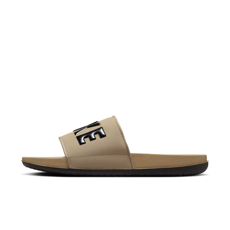 Men's khaki Nike slide sandals with black F-logo on the wide front strap