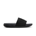 Women's black slide sandal side view with textured footbed and NIKE swoosh