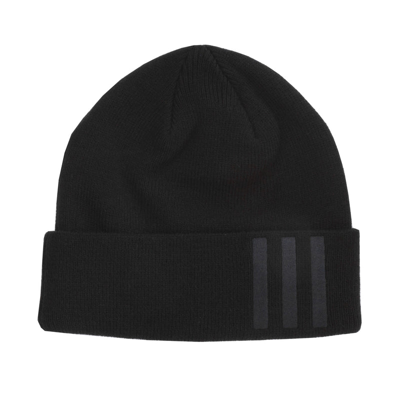 Black knit beanie with fold-over cuff and three-bar graphic on side