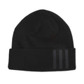 Black knit beanie with fold-over cuff and three-bar graphic on side