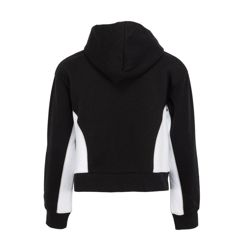 Youth black hoodie back view with white blocked side panels and hood