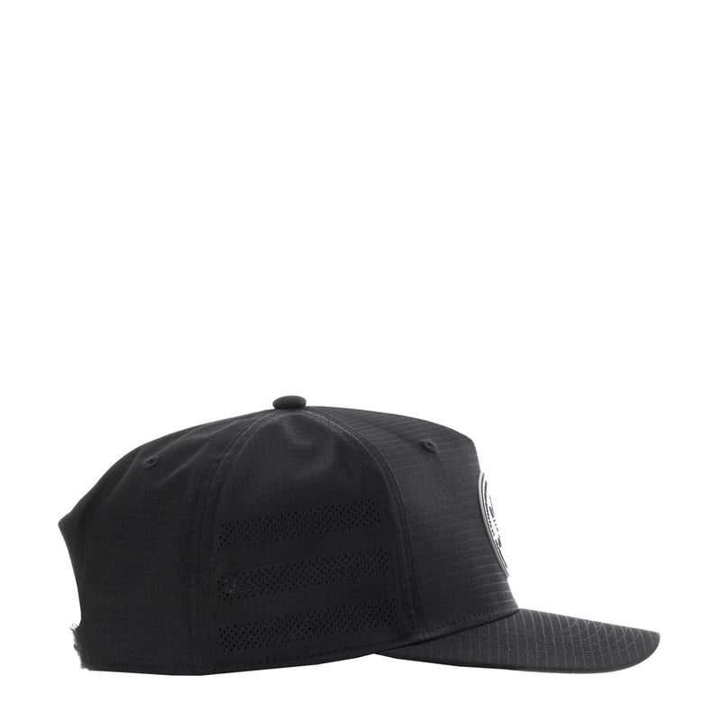 Black snapback cap with perforated side panel detail
