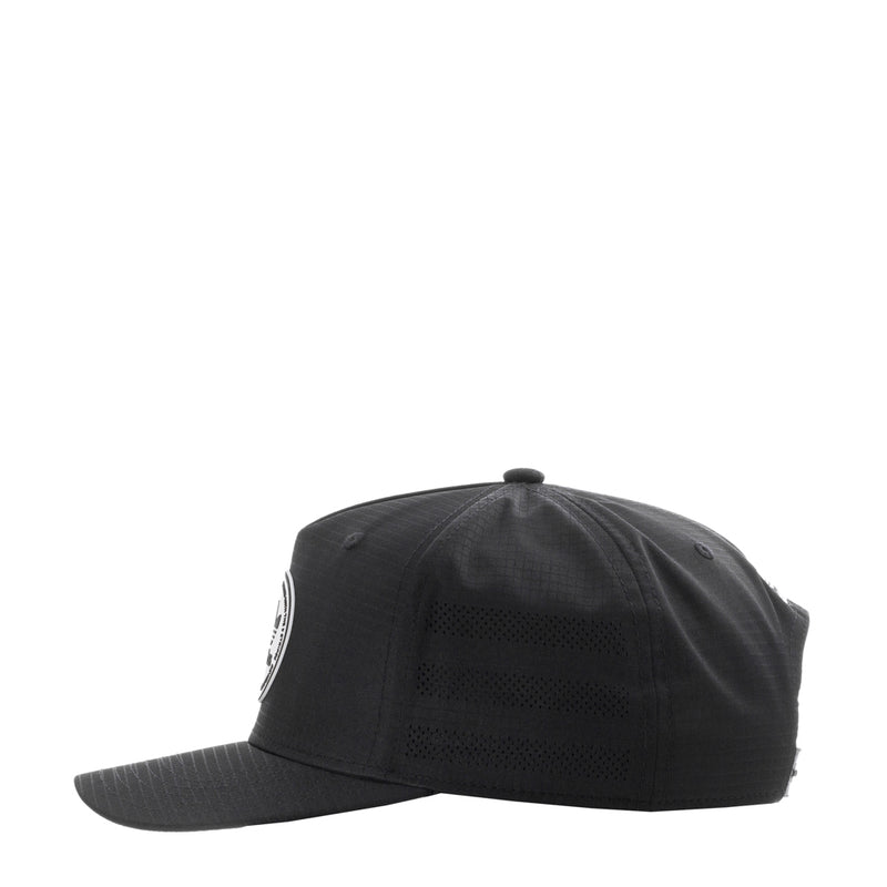 Black snapback cap with adidas side trefoil logo and perforated panel