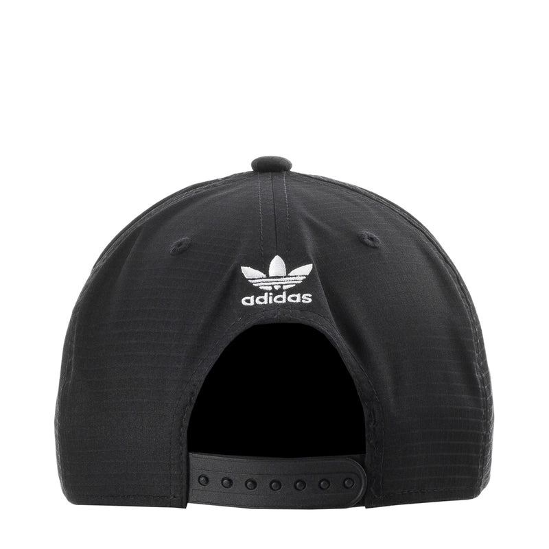 Back of black snapback cap with adidas logo and adjustable strap