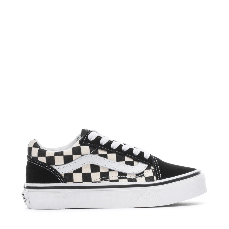 Kids' checkerboard Old Skool sneakers, black canvas with white stripe and laces
