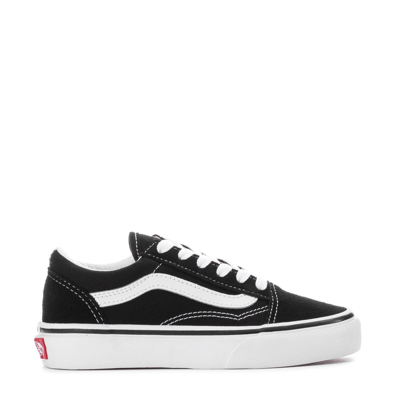 Kids low-top sneakers, black canvas with white side stripe and lace-up