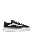 Kids low-top sneakers, black canvas with white side stripe and lace-up
