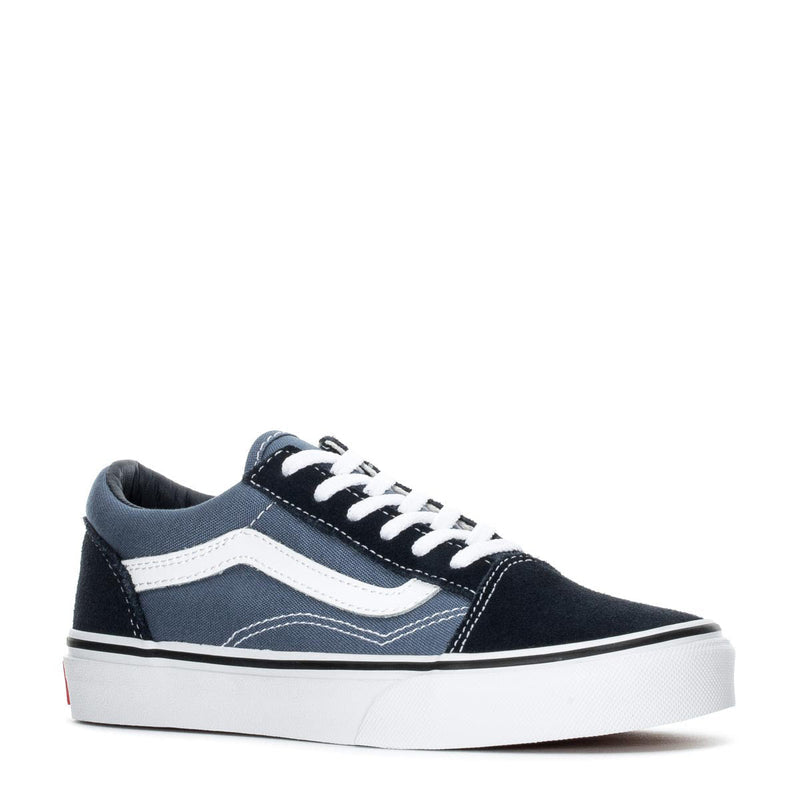 Kids low-top lace-up sneakers, navy suede with white stripe and panel