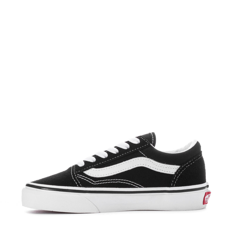 Kids low-top sneakers, black upper with white stripe and white lace-up