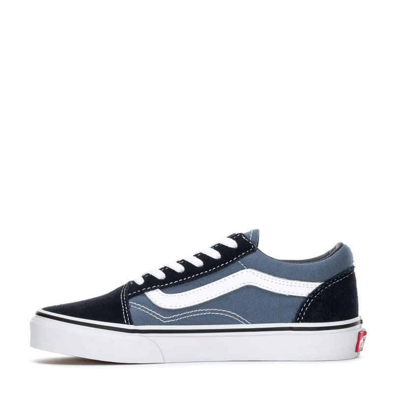 Kids low-top sneakers, side view with white stripe and navy panels