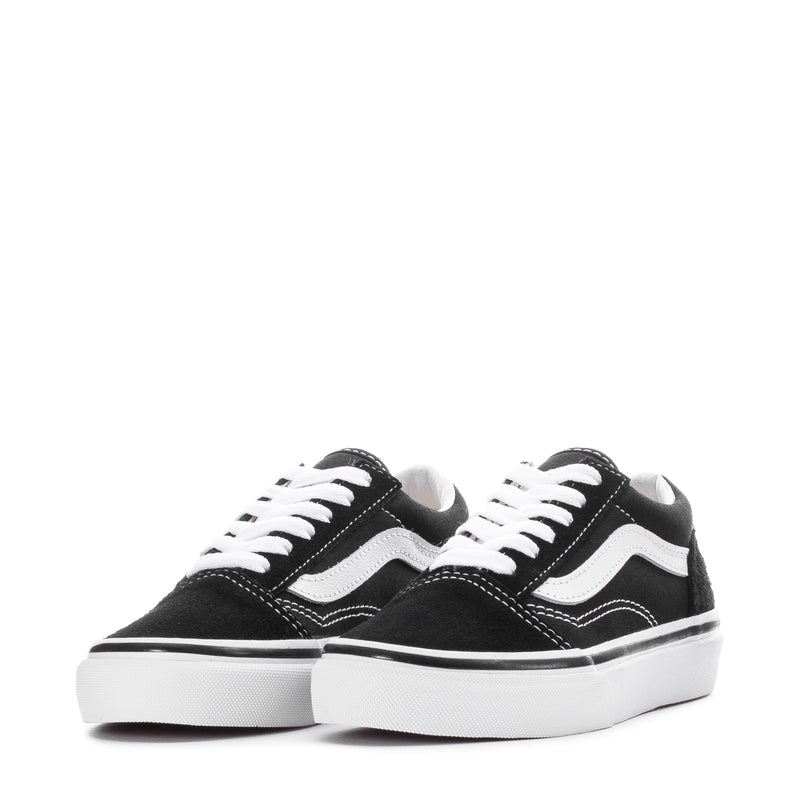 Kids low-top sneakers, black canvas with white stripes and white laces