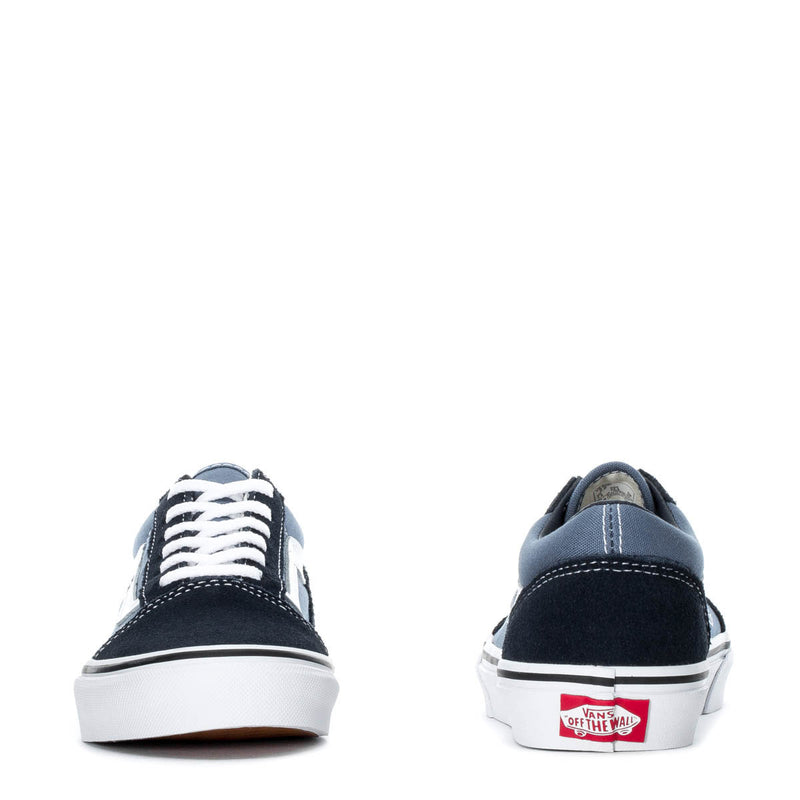 Kids low-top sneakers heel and toe view, navy with white laces and sole