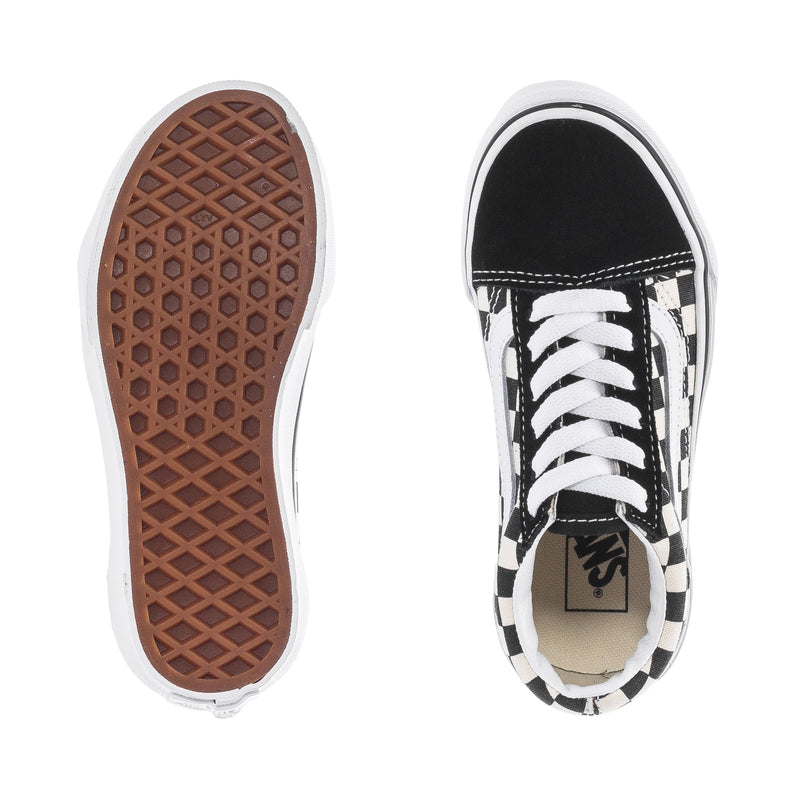 Kids' Old Skool sneakers outsole and top view, waffle sole with black-and-white checker upper