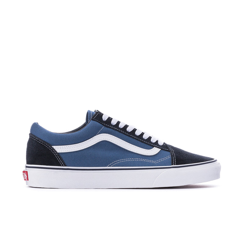 Men's low-top sneakers in navy, black, and white with white side stripe
