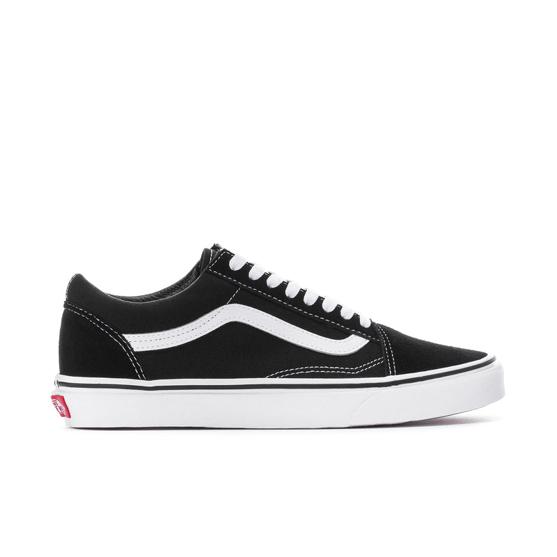 Men's black skate sneakers with white Sidestripe, laces, and white rubber sole