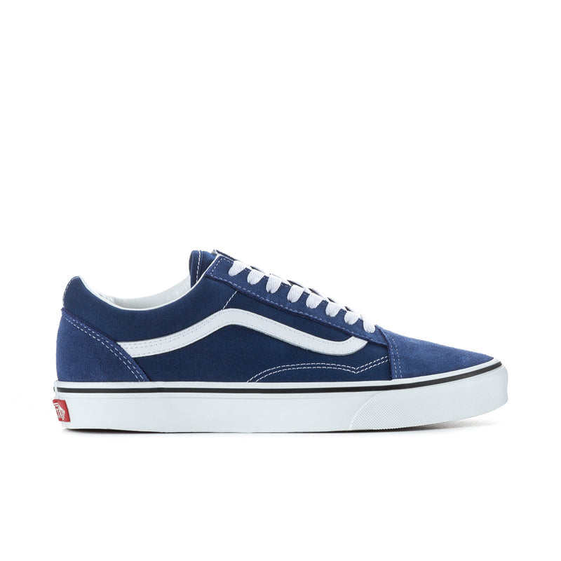 Blue low-top sneakers with white laces, side stripe, and white rubber sole