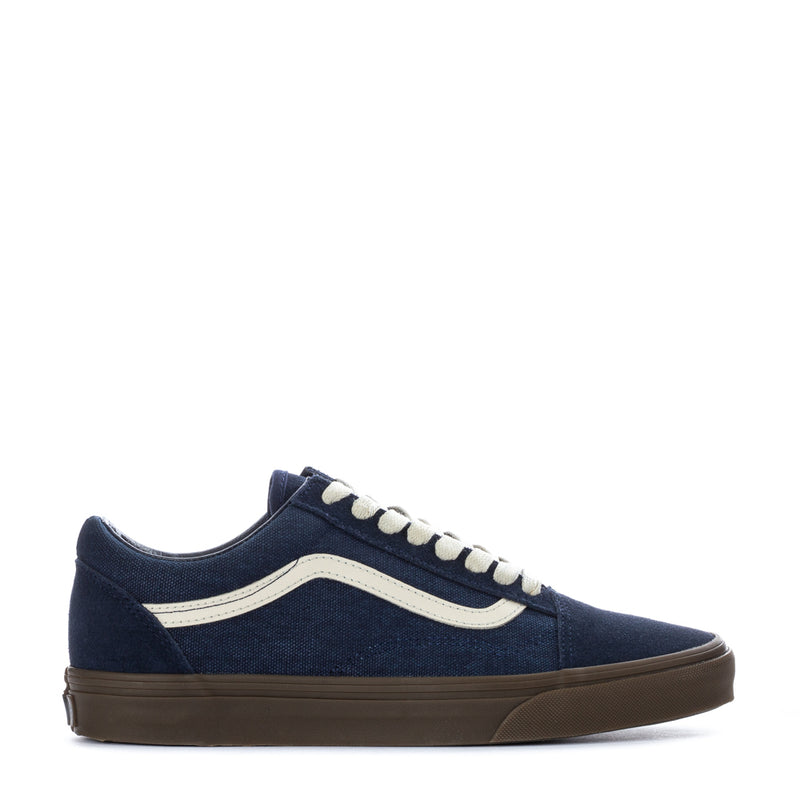 Old Skool men's navy canvas low-top sneakers with white side stripe and gum sole