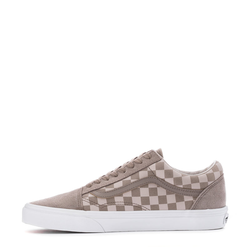 Men's low-top skate sneakers, taupe suede with checkerboard stripe panel and white sole