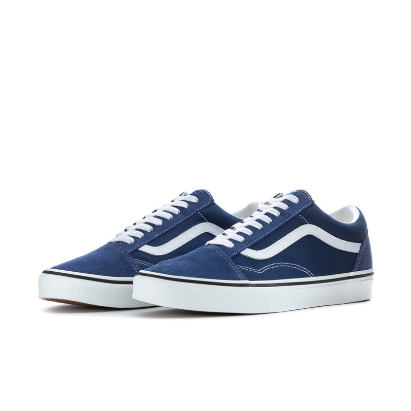 Pair of blue low-top sneakers with white laces and white side stripe detail
