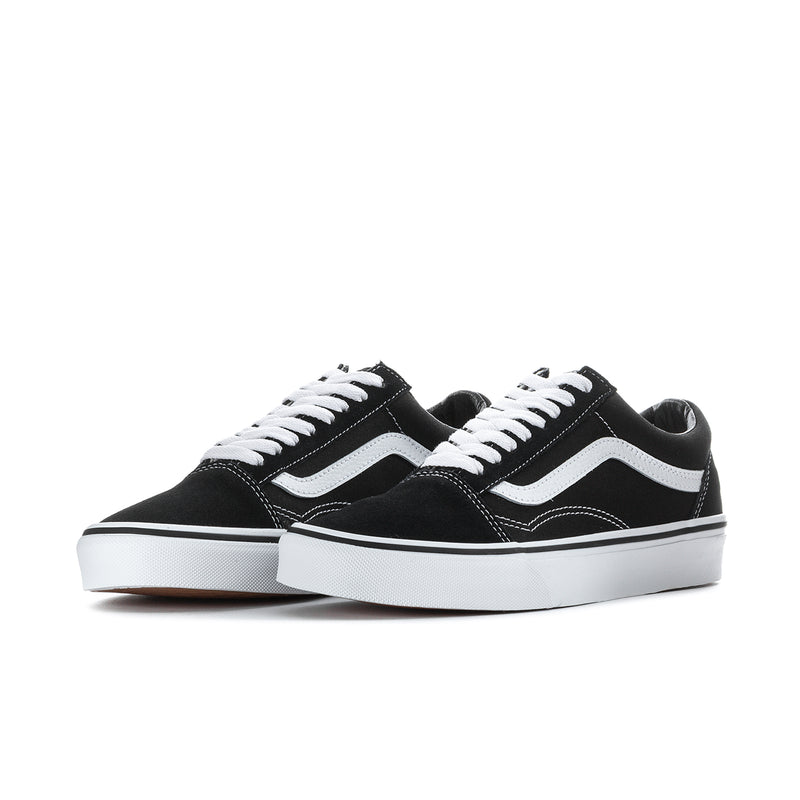 Pair of men's black skate sneakers with white Sidestripe and low profile sole