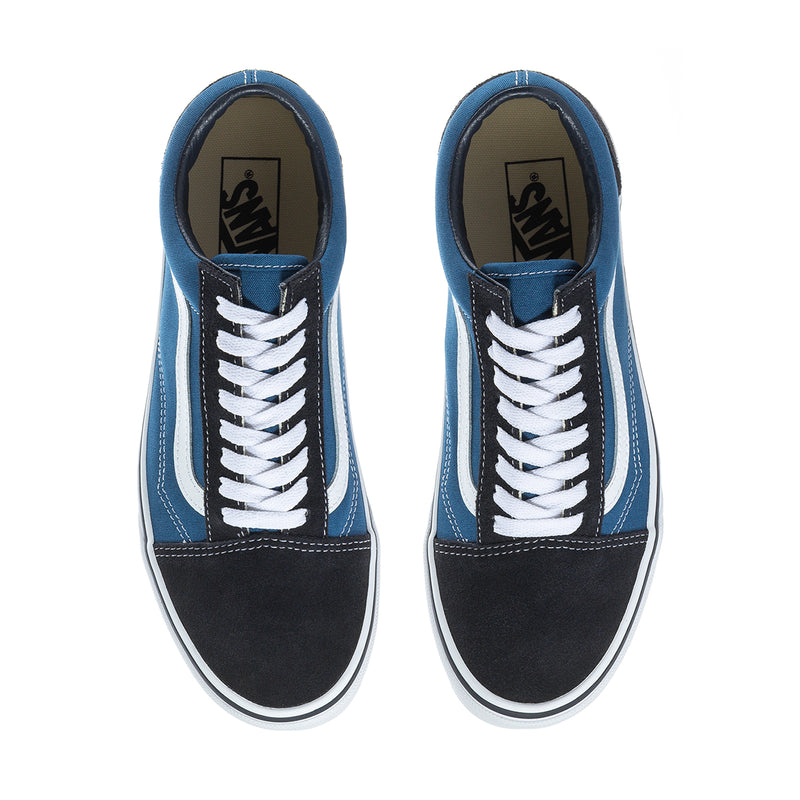 Men's low-top sneaker uppers, blue lining, white laces, and black toe panel