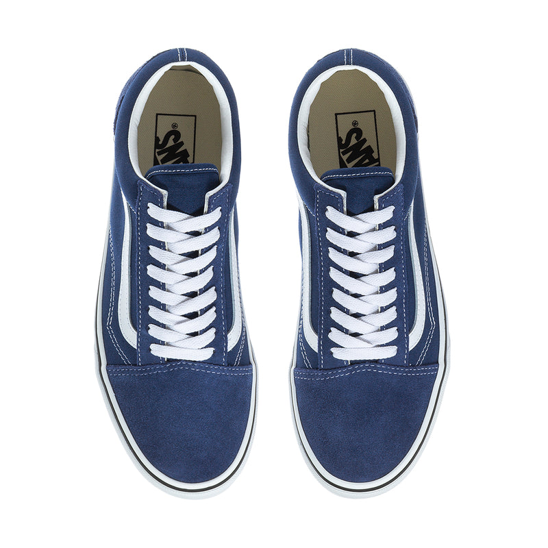 Two blue low-top sneakers front view with white laces and visible inside lining