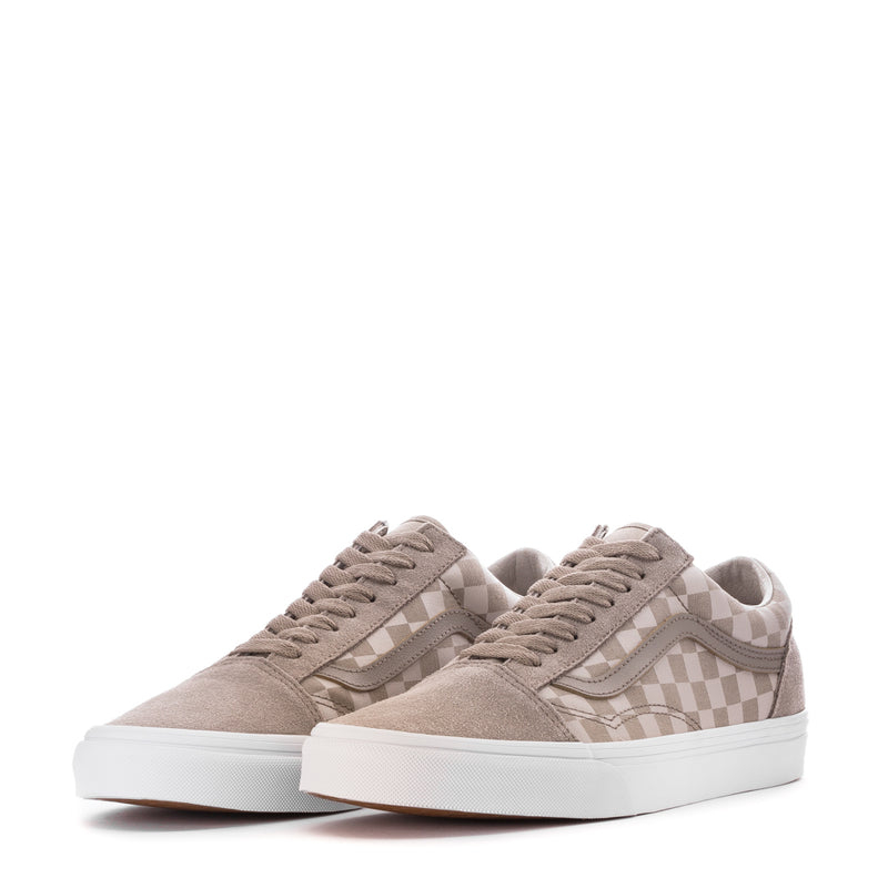 Pair of men's low-top skate sneakers with taupe suede and beige checkerboard uppers