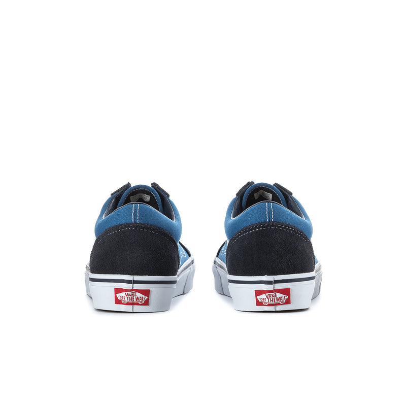 Men's low-top sneakers heel view with navy and black panels and white midsole