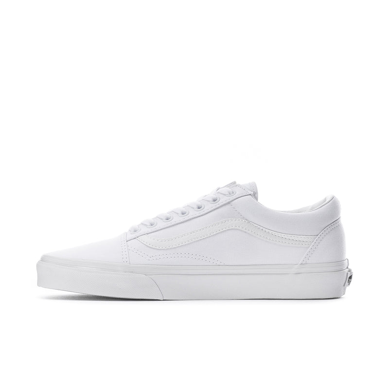Men's white low-top sneakers with stitched overlays and flat rubber sole