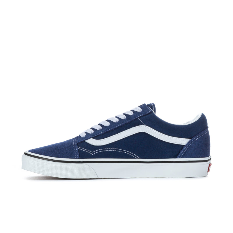 Blue suede low-top sneaker with white laces, side stripe, and white rubber sole