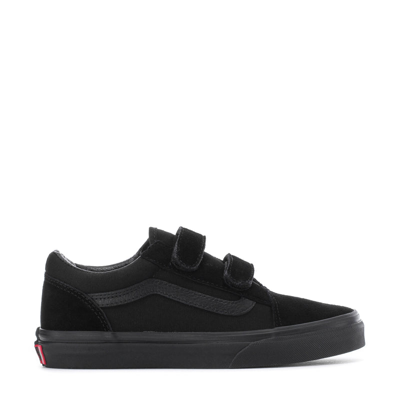 Kids black sneakers with two hook-and-loop straps and low vulcanized rubber sole
