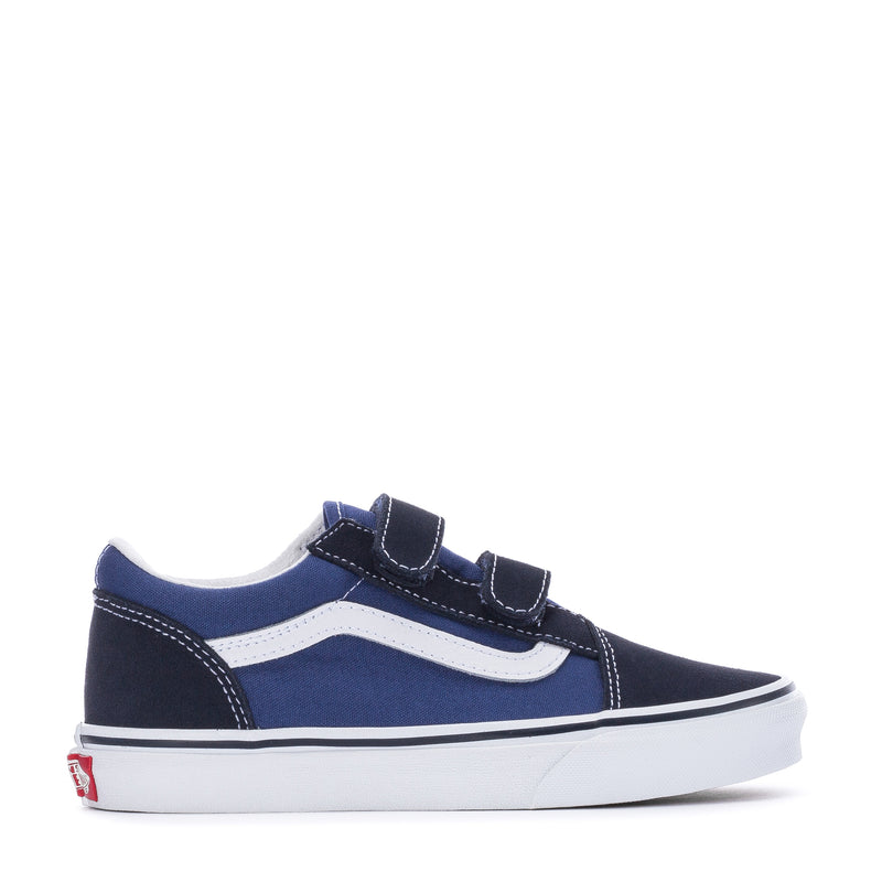 Kids navy low-top sneakers with white side stripe and hook-and-loop straps
