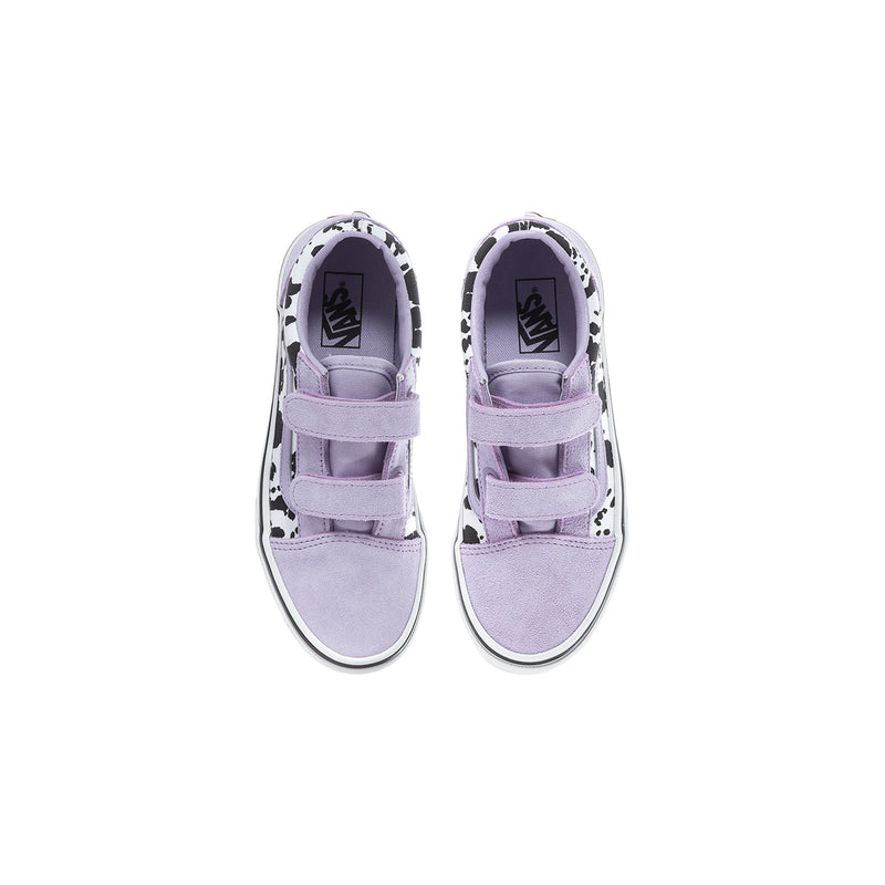 Kids' Old Skool V sneakers, soft purple with black cow-print lining and Velcro closure