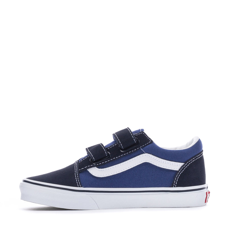 Kids navy low-top sneakers with white side stripe, stitched panels, and hook-and-loop